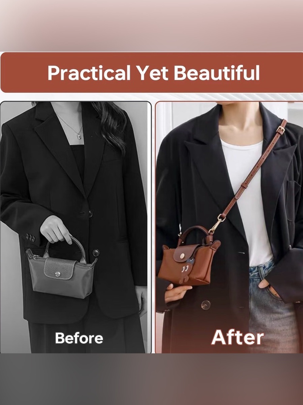 Genuine Leather Crossbody Strap Conversion Kit for Longchamp Le Pliage (Cognac)